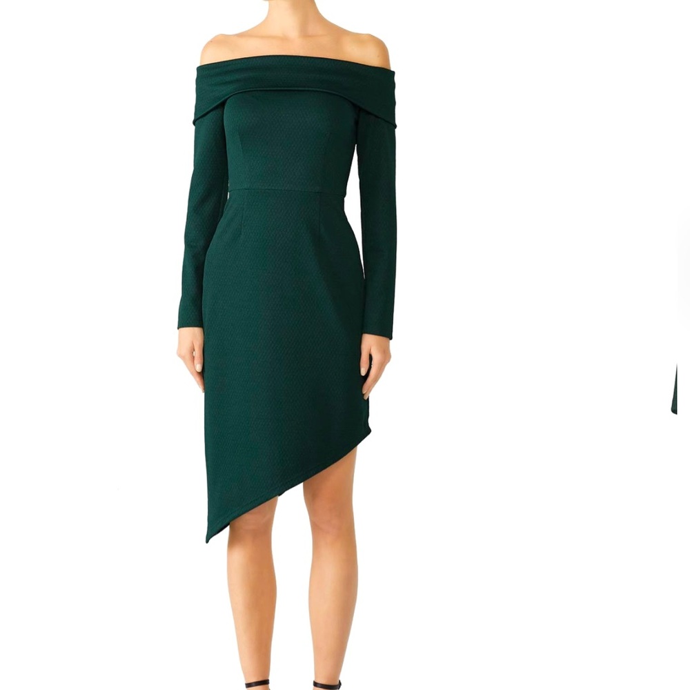 HUTCH “Melanie” asymmetrical off the shoulder dress. Hunter green. Size 8.